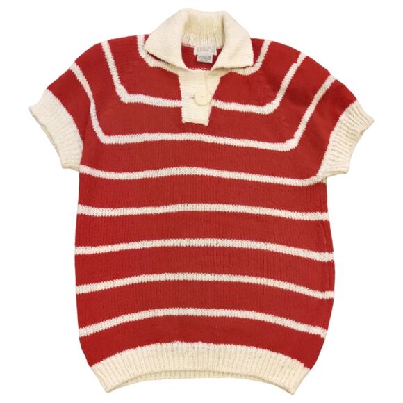 Vintage Red and White Striped Knit Polo Sweater – 80s Retro Style XL - Picture 2 of 3